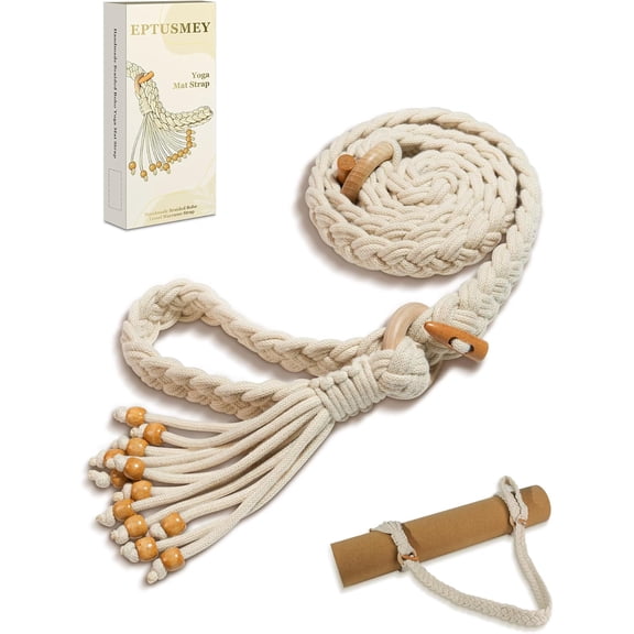 Yoga Mat Straps for Carrying, Handmade Braided Boho Bead Tassel Macrame Strap, Adjustable Thick Yoga Mat Carrier/Holder/Organizing, Stretching Band, Gifts for Women (Mat Not Included)