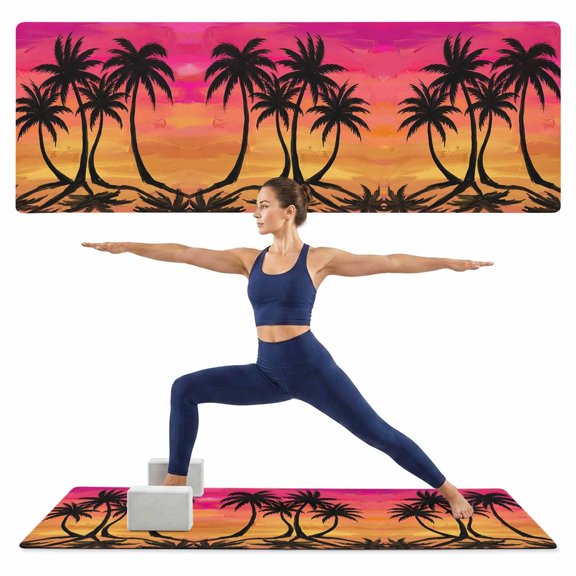 Yoga Mat Summer Palm Trees Yoga Mats with Strap & Shortage Bag Non Slip Workout Mats Absorbent Cushion Pad Pink Orange Sunset Sky Beach Exercise Mat for Yoga Pilates Stretching Home Gym 72"x32"