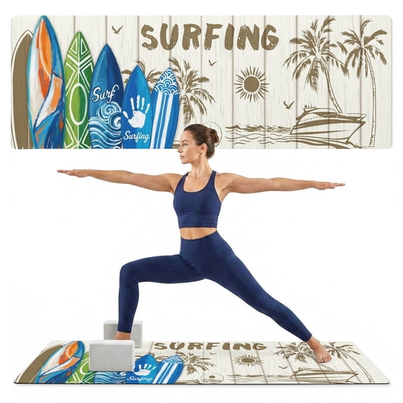Yoga Mat Summer Surfing Yoga Mats with Strap & Shortage Bag Non Slip Workout Mats Absorbent Cushion Pad Beach Palm Tree Wood Grain Exercise Mat for Yoga Pilates Stretching Home Gym 68"x24"