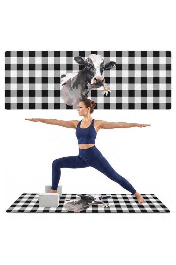 Yoga Mat Sunflower Cow Yoga Mats with Strap & Shortage Bag Non Slip Workout Mats Absorbent Cushion Pad Farm Animal Black Buffalo Pliad Exercise Mat for Yoga Pilates Stretching Home Gym 68"x24"