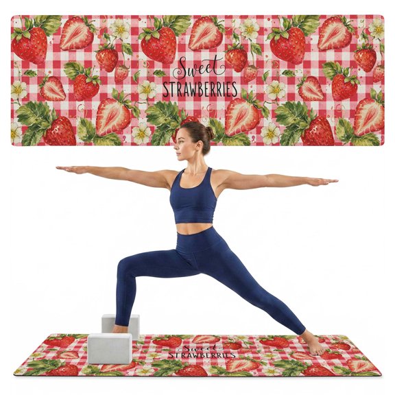 Yoga Mat Sweet Strawberry Yoga Mats with Strap & Shortage Bag Non Slip Workout Mats Absorbent Cushion Pad Summer Fruit Flower Red Plaid Exercise Mat for Yoga Pilates Stretching Home Gym 72"x32"