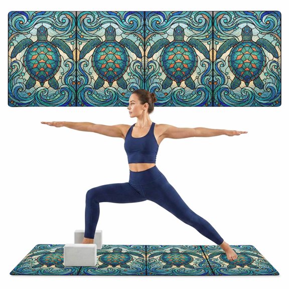 Yoga Mat Teal Blue Sea Turtle Yoga Mats with Strap & Shortage Bag Non Slip Workout Mats Absorbent Cushion Pad Shiny Ocean Waves Stained Glass Exercise Mat for Yoga Pilates Home Gym 68"x24"
