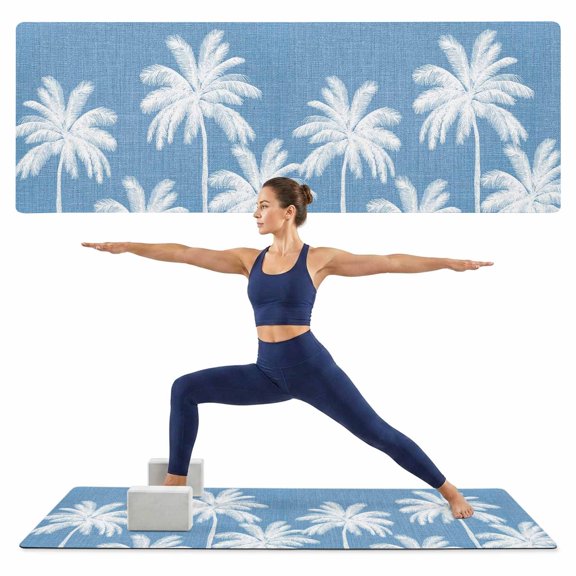 Yoga Mat Tropical Palm Trees Yoga Mats with Strap & Shortage Bag Non Slip Workout Mats Absorbent Cushion Pad Blue Linen Coastal Exercise Mat for Yoga Pilates Stretching Home Gym 72"x32"