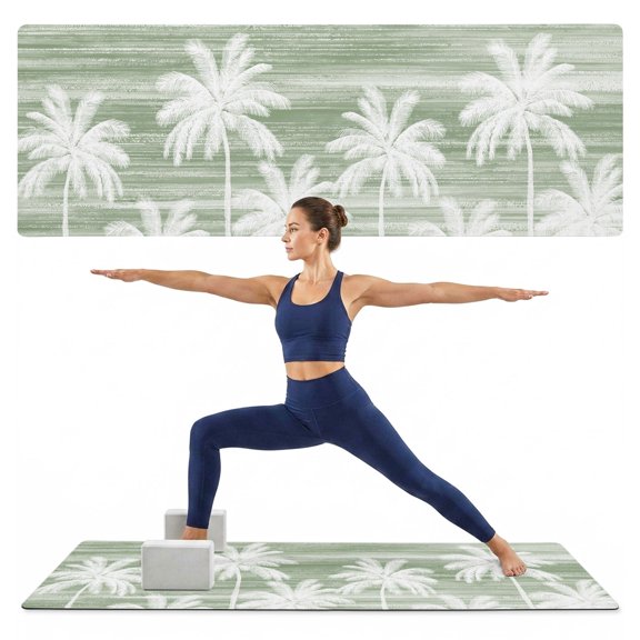 Yoga Mat Tropical Palm Trees Yoga Mats with Strap & Shortage Bag Non Slip Workout Mats Absorbent Cushion Pad Summer Coastal Sage Green Exercise Mat for Yoga Pilates Stretching Home Gym 72"x32"