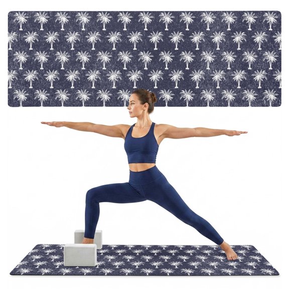 Yoga Mat Tropical Palm Trees Yoga Mats with Strap & Shortage Bag Non Slip Workout Mats Absorbent Cushion Pad Vintage Navy Blue Exercise Mat for Yoga Pilates Stretching Home Gym 72"x32"