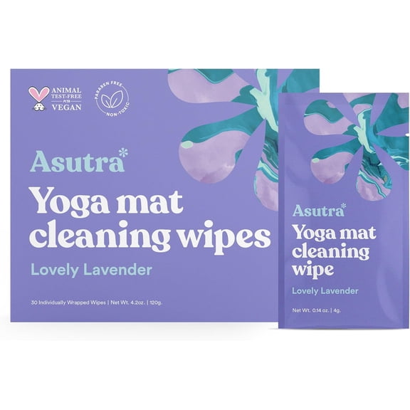 Yoga Mat Wipes (Lovely Lavender), Individually Wrapped Wipes 1 Box (30 Wipes)- No Slippery Residue, Deep-Cleansing for Fitness Gear & Gym Equipment