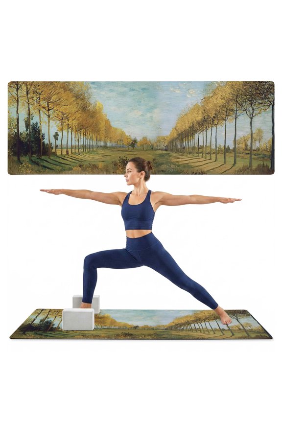 Yoga Mat Yellow Tree Lined Path Yoga Mats with Strap & Shortage Bag Non Slip Workout Mats Absorbent Cushion Pad Blue Sky Oil Painting Exercise Mat for Yoga Pilates Stretching Home Gym 68"x24"