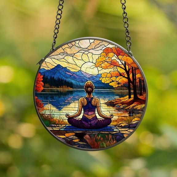 Yoga Meditation Glass Suncatcher, Peaceful Lake Sunset Window Decor, Zen Gift For Her, Mindfulness Spiritual Hanging Art, Mental Health Gift, Suncatcher Window Hanging, 6.3 in