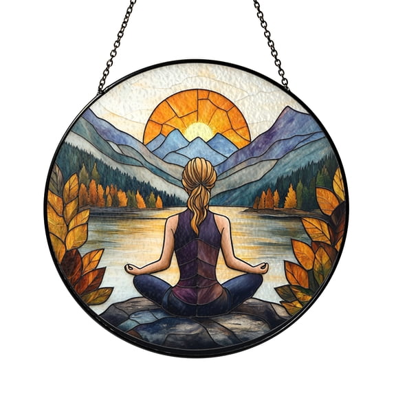 Yoga Meditation Glass Suncatcher Window Hanging Peaceful Lake Sunset Decor Calming Spiritual Gift for Home
