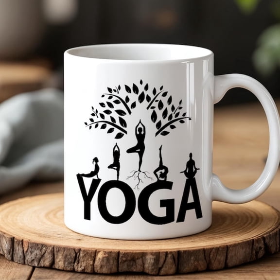 Yoga Mug Meditation and Wellness Ceramic Cup Black & White Yoga Pose Art Mindfulness Gift Yoga Lovers oz Coffee or Tea Mug.