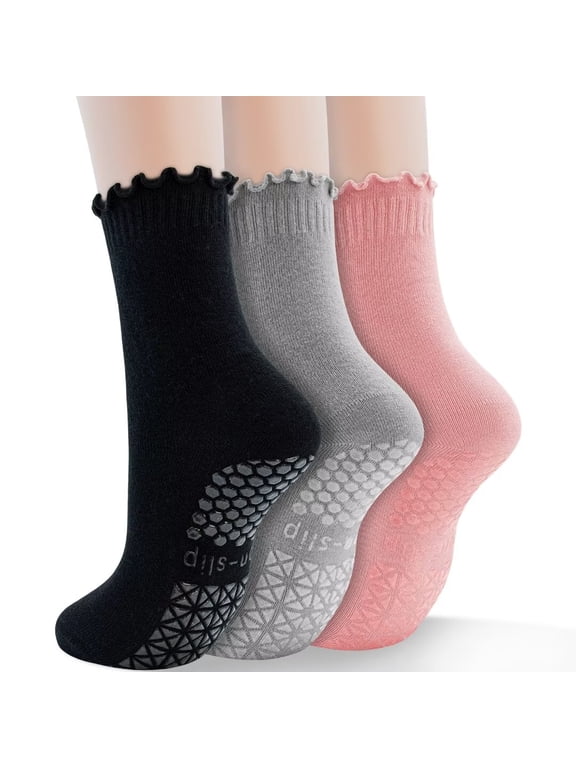 Yoga Non Slip Socks 3 Pairs Pilates Socks with Grip Women Grip Socks for Ballet Barre Home Workout Hospital Size 5-10