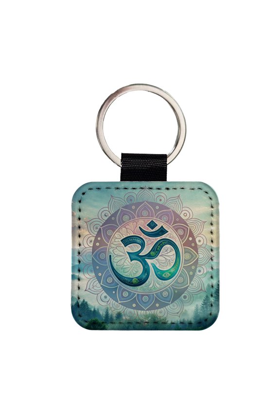 Yoga Om Aum Mandala Nature Symbol Faux Leather Square Keychain
