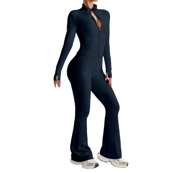 Yoga Outfit for Women High Waist Flare Leg Long Sleeve and Pants Workout Set for Fitness Turtleneck Navy L