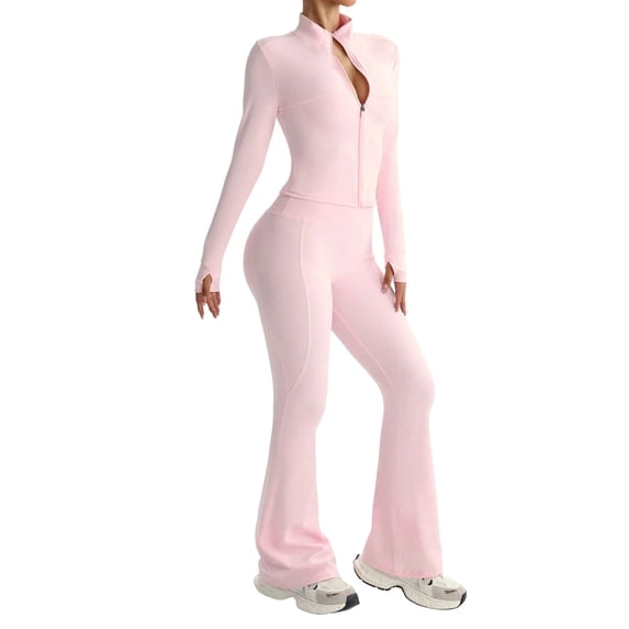 Yoga Outfit for Women High Waist Flare Leg Long Sleeve and Pants Workout Set for Fitness Turtleneck Pink S