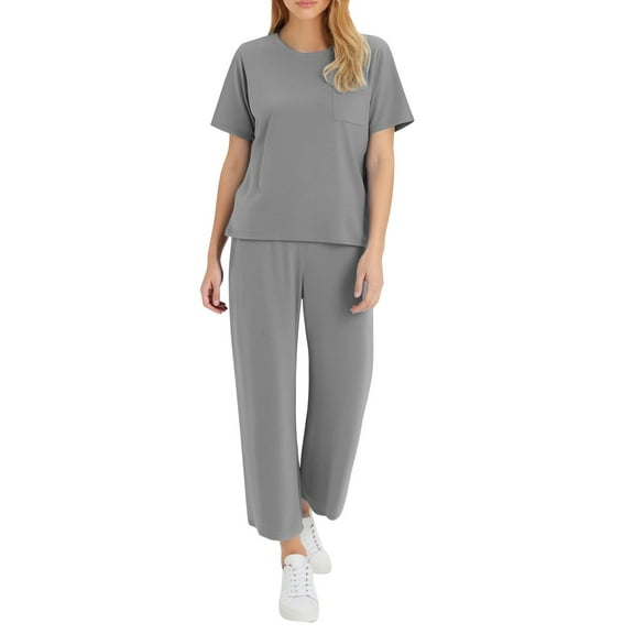Yoga Outfits for Women Save on Casual Travel Outfits for Women 2 Piece Pajamas Set Summer Crew Neck Short Sleeve Tops Wide Leg Pants Sets with Pocket Vacation Outfits Matching Clothing New Gray XL