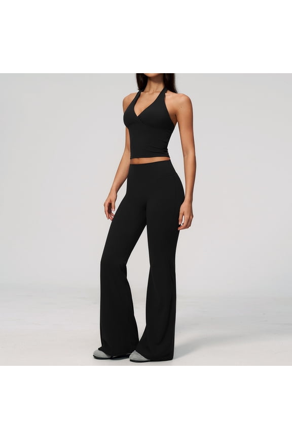 Yoga Outfits for Women Microfleece Lined Two Piece Yoga Set Sleeveless V Neck Flared Pants Pilates Workout Outfit Workout Sets for Women