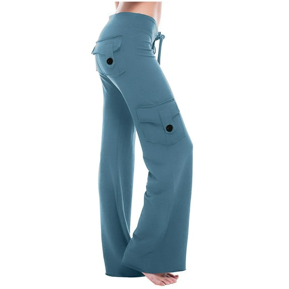 Yoga Pants with Cargo Pockets,Cargo Pants for Women Plus Size with Pockets,Womens Bootcut Yoga Pants with Button Cargo Pockets Stretchy Palazzo Pants Long Wide Leg Workout Baggy Cargo Sweat Pants
