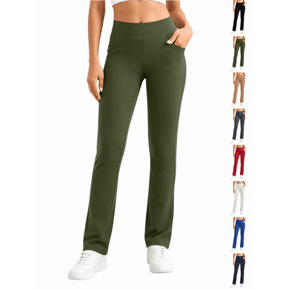 Yoga Pants Nelozsy Women's Fashion Casual Solid Color Pants Pocket Elastic Waist Comfortable Long Pants Tourist Army Green S