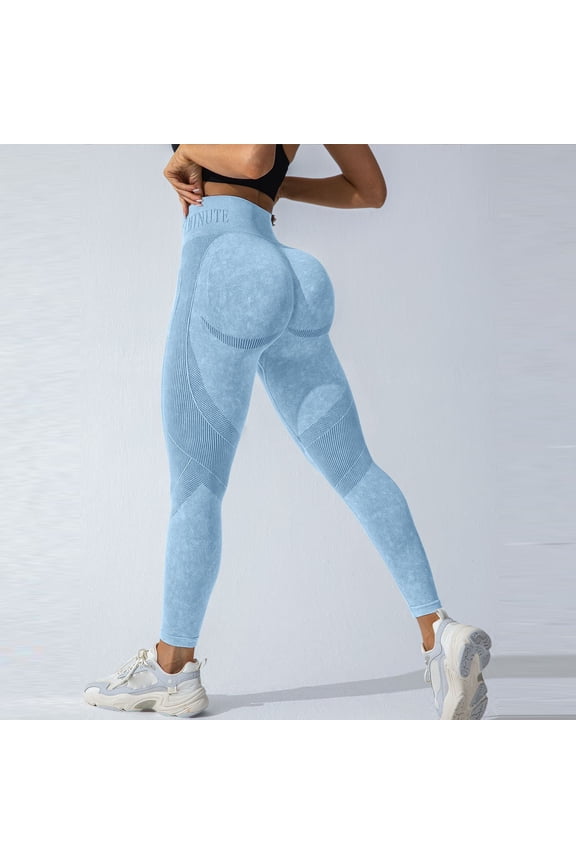 Yoga Pants for Women, 3D Sculpting Washed Effect Leggings, High Waist Butt Lifting Seamless Workout Pants for Gym Yoga and Everyday Activities, Sky Blue L