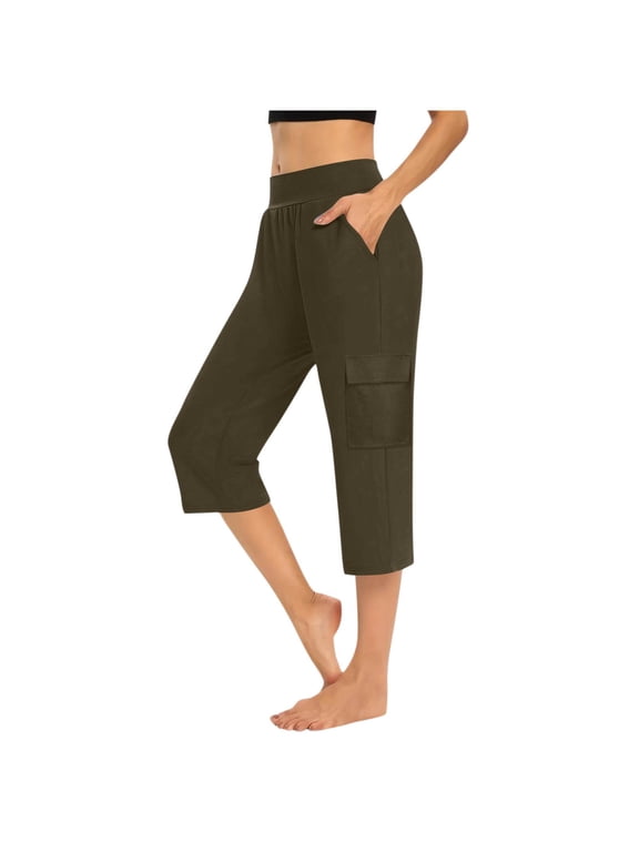 Yoga Pants for Women Breathable Womens Solid Elastic Waist Pocket Cropped Pants Casual Pants For Spring Summer Women's Clothing Gym Training Workout Pilates
