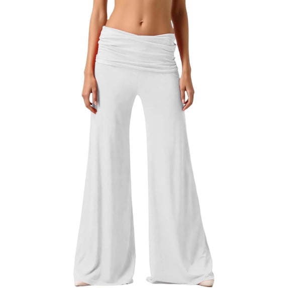 Yoga Pants Women Coral Fold Over Ruched Waist Wide Leg Yoga Pants Strechy Solid Loose Fits Palazzos Foldover Flowy Sweatpants Flare Low Rise Workout Sports Pants