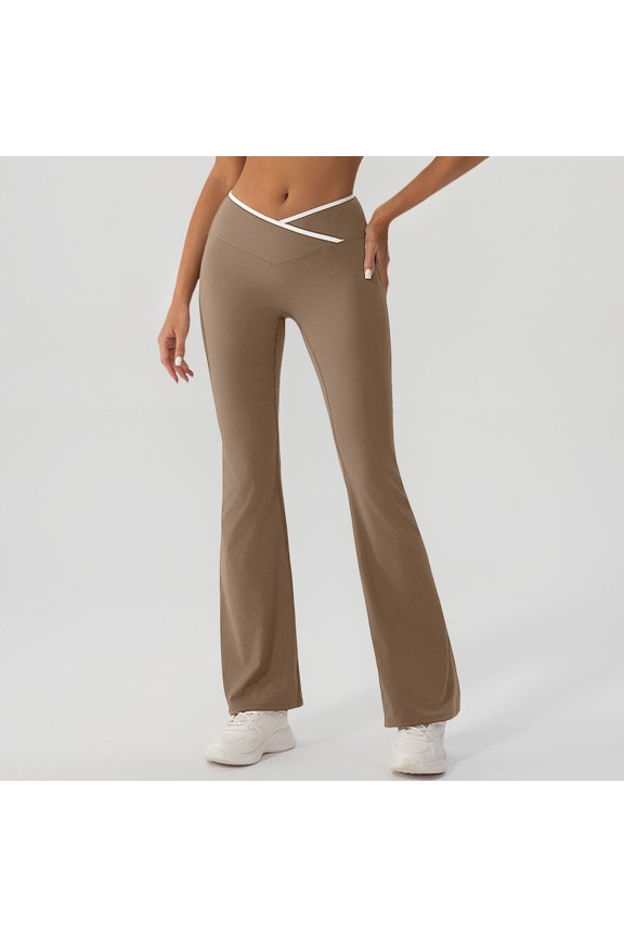 Yoga Pants Women Cross High Waisted Slim Fit Bootcut Long Pants Sports Casual Women's Yoga Leggings Khaki L