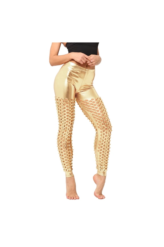 Yoga Pants Women Fish Scale Pattern Cut Out Shiny Sequin Slim Leg Leggings for Holiday Yoga Leggings for Women Gold One Size