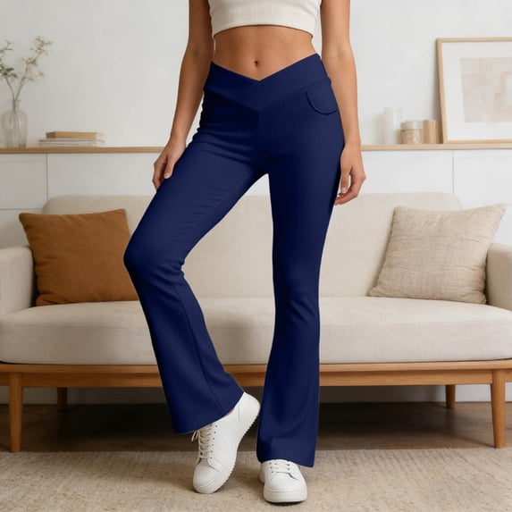 Yoga Pants Women High Waist Tummy Control Flared Leggings with Pockets Blue L