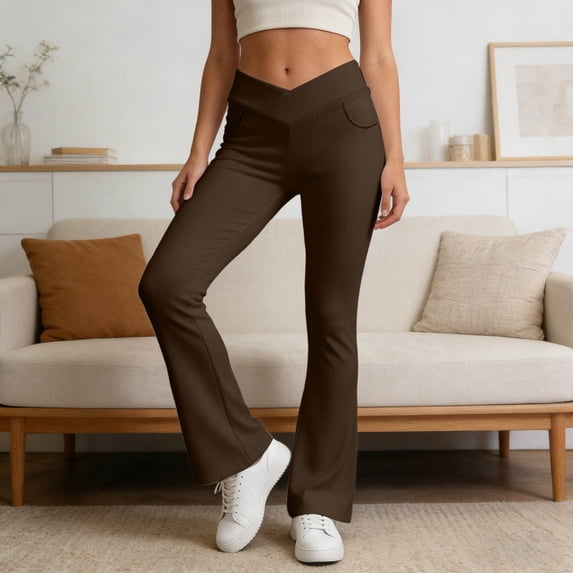 Yoga Pants Women High Waist Tummy Control Flared Leggings with Pockets Coffee S