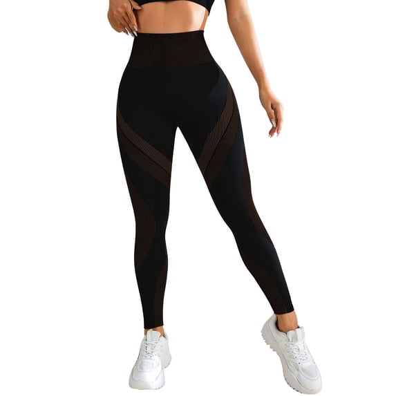 Yoga Pants Women High Waisted Breathable Tapered Color Block Hip Lifting Striped Sports Leggings Brown S