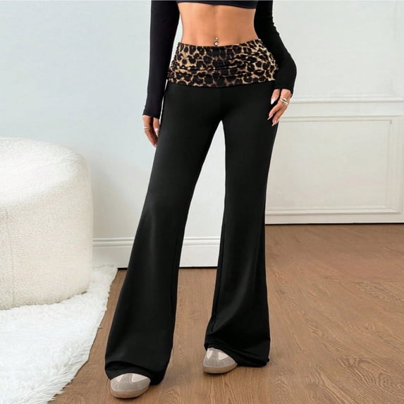 Yoga Pants Women Leopard Print Foldover Color Block Flared Bell Bottoms Loose Pants Black S