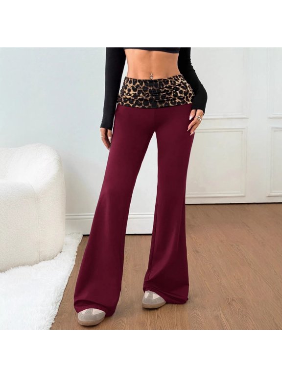 Yoga Pants Women Leopard Print Foldover Color Block Flared Bell Bottoms Loose Pants Red S