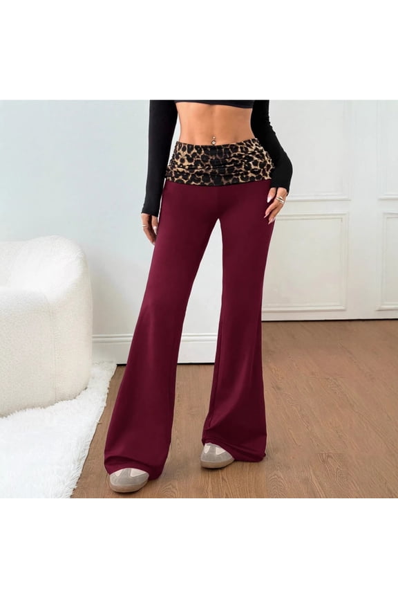 Yoga Pants Women Leopard Print Foldover Color Block Flared Bell Bottoms Loose Pants Red S