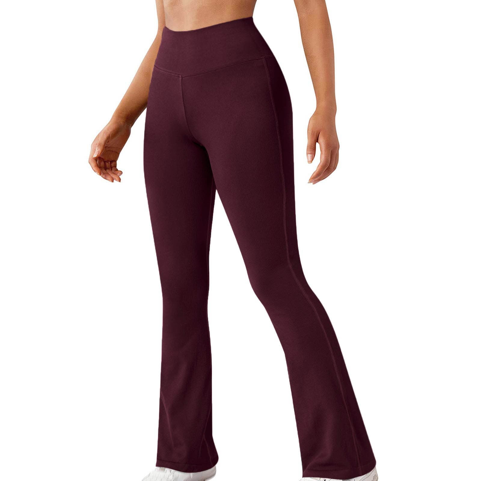 Yoga Pants Women Ribbed High Waist Tummy Control Leggings Solid Color ...