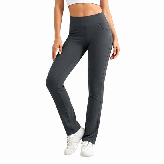 Yoga Pants Women Straight Slim Elastic Waist with Pockets,High Waisted Solid Breathable Trousers,Outdoor Working or Gym Daily Sports Wear,Gray,S