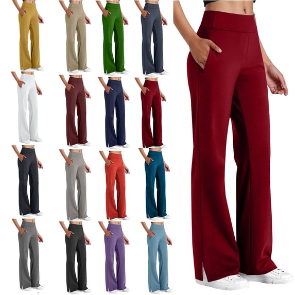 Yoga Pants Women Summer Plus Size Solid Color Elastic Waist Side Slit Workout Pants Leggings with Pockets for Women with Pockets
