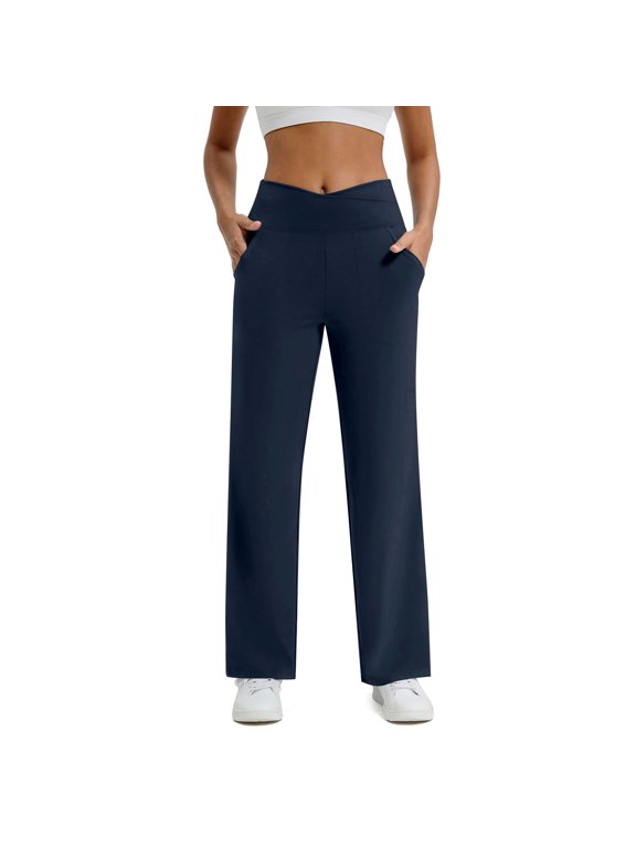Yoga Pants for Women Wide Leg Casual Loose Stretch High Waist Yoga Pants Plus Size Lounge Cozy Soft Trousers with Pockets,Tummy Control Crossover Work Dress Pants Stretch Lounge Sweatpants L