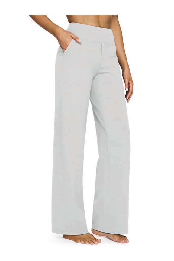 Yoga Pants Women Wide Leg Pants with Pockets High Waist Stretch Dress Casual Sweatpants Light Gray XL