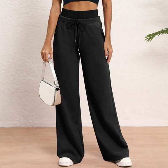 Sweatpants for Women Womens Solid Color Double Waist Trousers Loose Elastic Waist Straight Leg Pants with Pockets