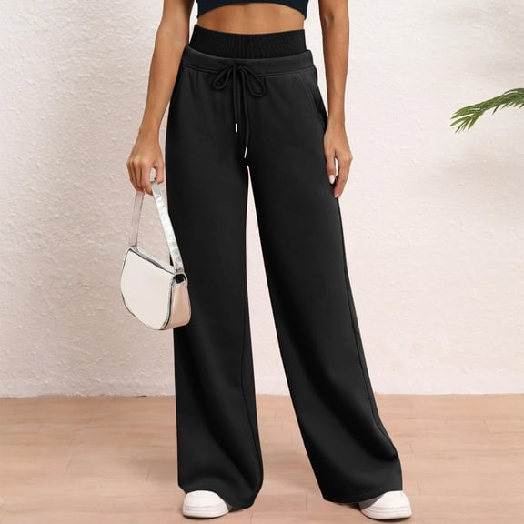 Sweatpants for Women Womens Solid Color Double Waist Trousers Loose Elastic Waist Straight Leg Pants with Pockets