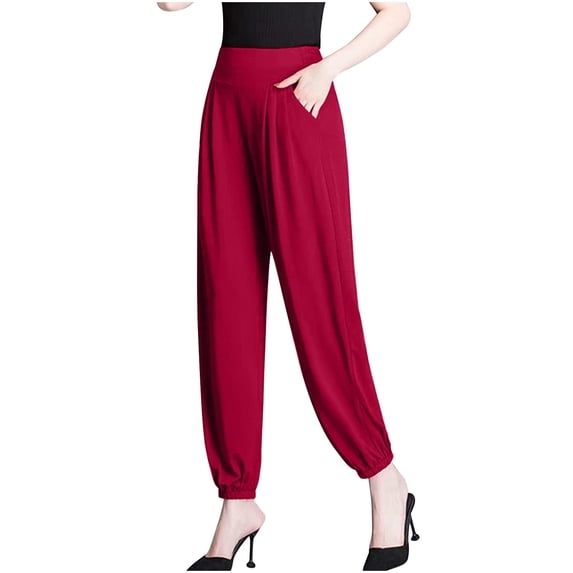 Yoga Pants Women New Womens Plus Size Pants Casual High Waisted Pleated Pockets Jogger Baggy Pant Solid Color Comfy Trousers Red 5XL