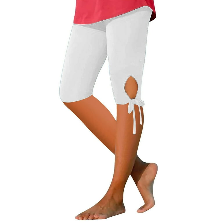 Capri Leggings for Women 2024 Summer High Waisted Comfy Solid Color Knee Length Tie Bow Leggings White S Walmart