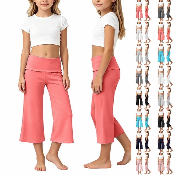 Yoga Pants for Girls Fold Over Low Rise Wide Leg Loose Girls Summer Pants Orange Pants for Girls Size 5-14 Years