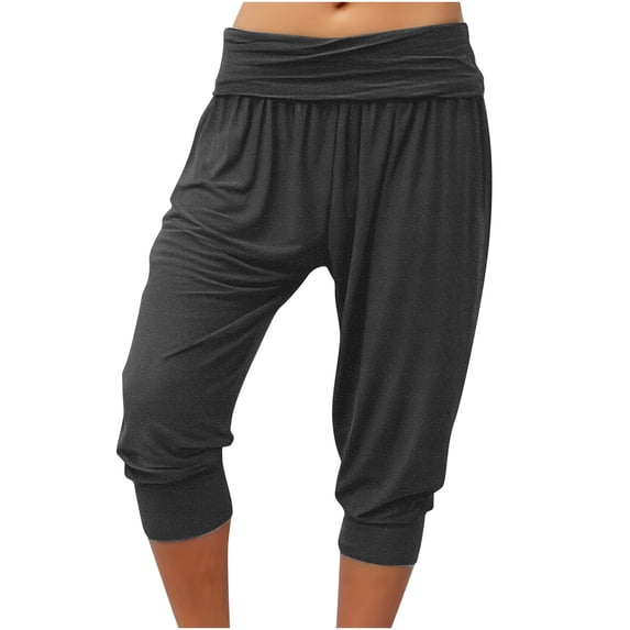 Yoga Pants for Women Capri Harem Pants with Fold Over Elastic Waist Casual Stretchy Pants for Workout and Daily Wear