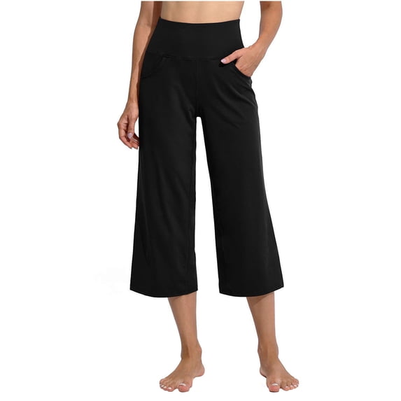 Yoga Pants for Women Capris High Waist Leggings with Pockets Wide Leg Exercise Workout Crop Straight Open Bottom Black M