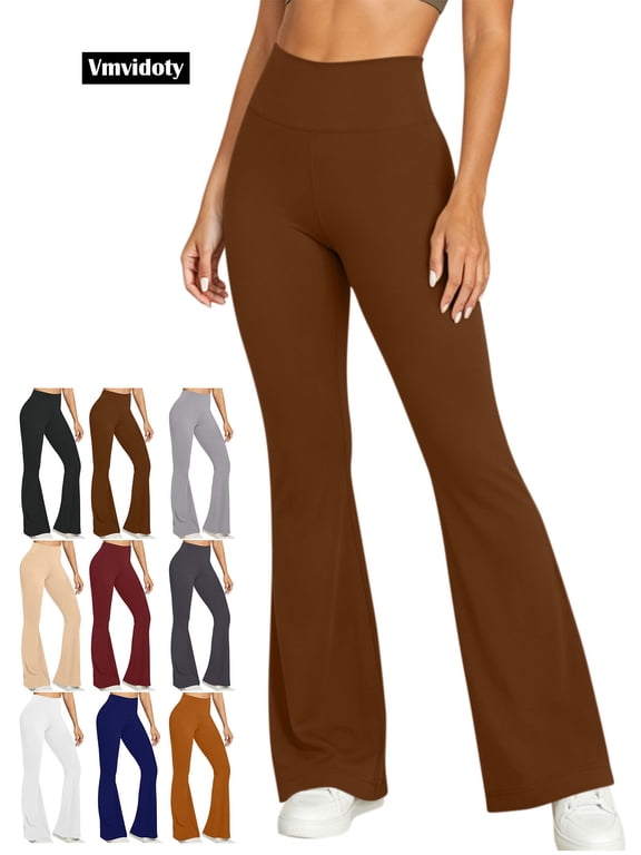 Yoga Pants for Women Flare Legs Foldover Stretch High Waisted Workout Athletic Pants 2_Brown 2XL