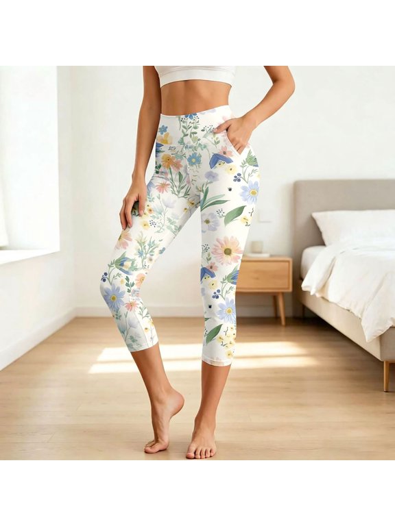 Yoga Pants for Women High Waist Floral Printed Capri Yoga Pants Lightweight Compression Home Leggings Women's Leggings