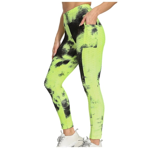 Yoga Pants for Women High Waist Tie‑Dye Bubble Textured Scrunch Leggings Side Pockets Tummy Control Black