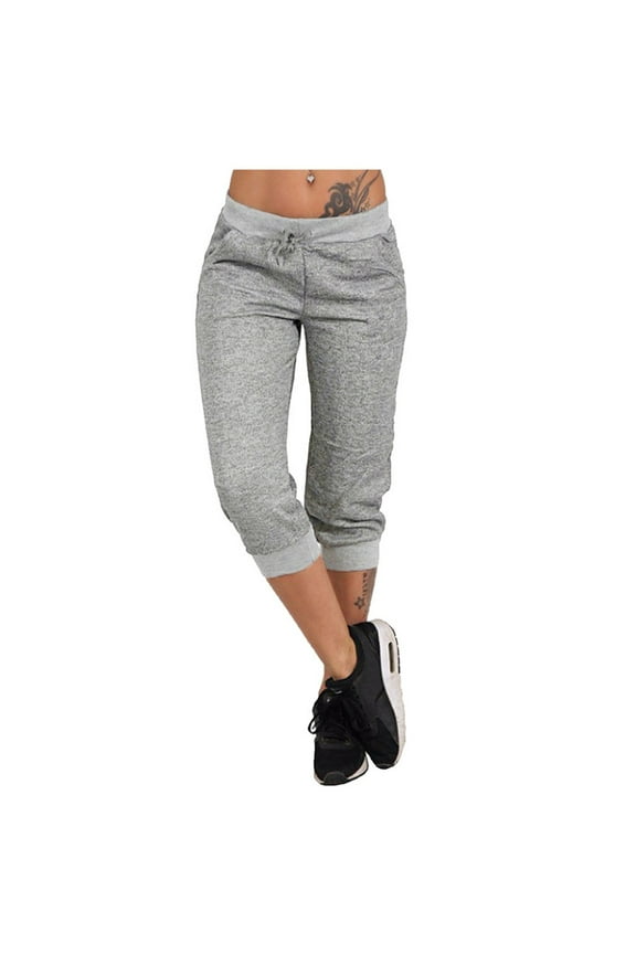 Yoga Pants for Women Women's Yoga Drawcord Capris Cropped Leg Pants Gray 8(L)