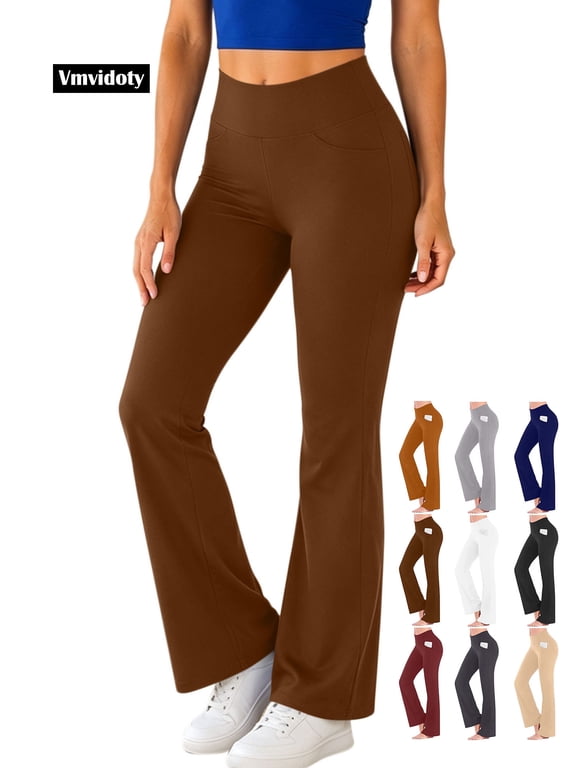 Yoga Pants for Women with Pockets Workout High Waist Stretch Flare Leggings with Two Pockets 1_Brown L